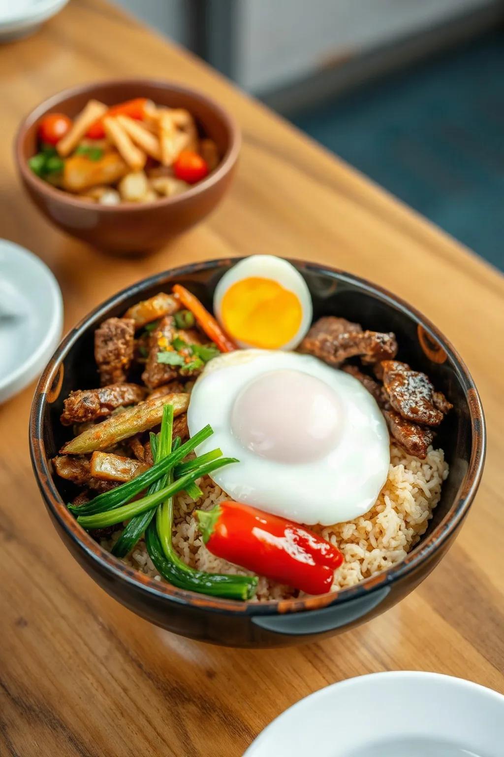 Korean Bibimbap Bowl with Rice, Vegetables, Egg, and Beef