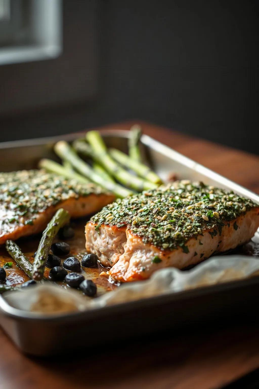 Salmón con Costra de Hierbas y Espárragos al Horno