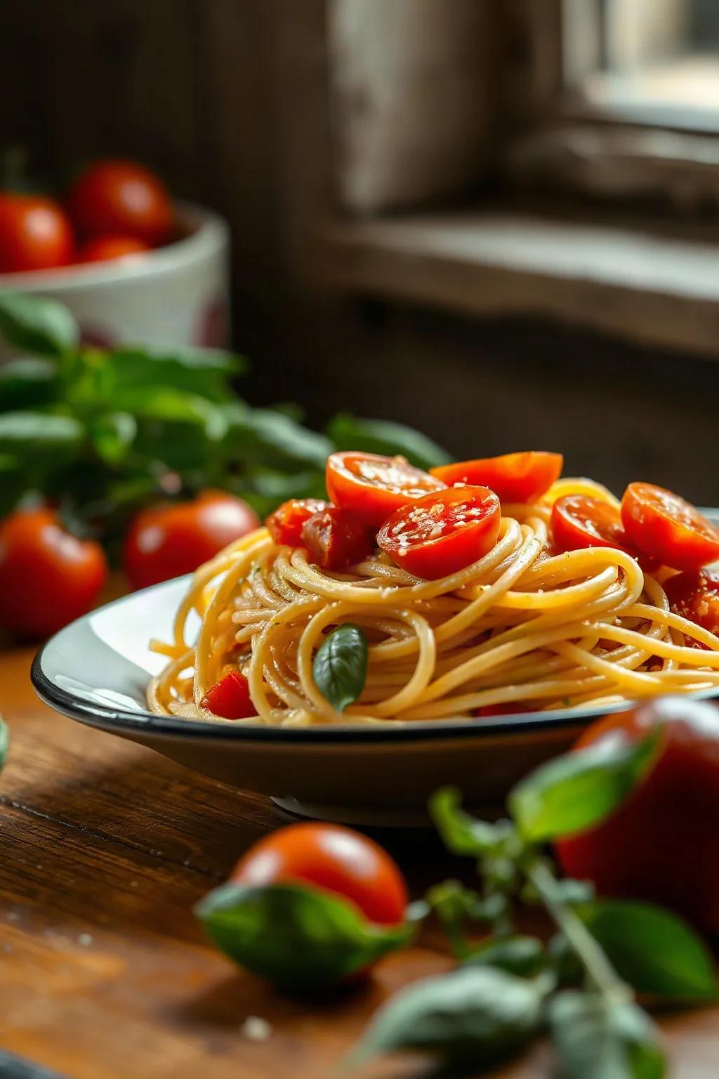 Spaghettis à l'ail et aux tomates fraîches