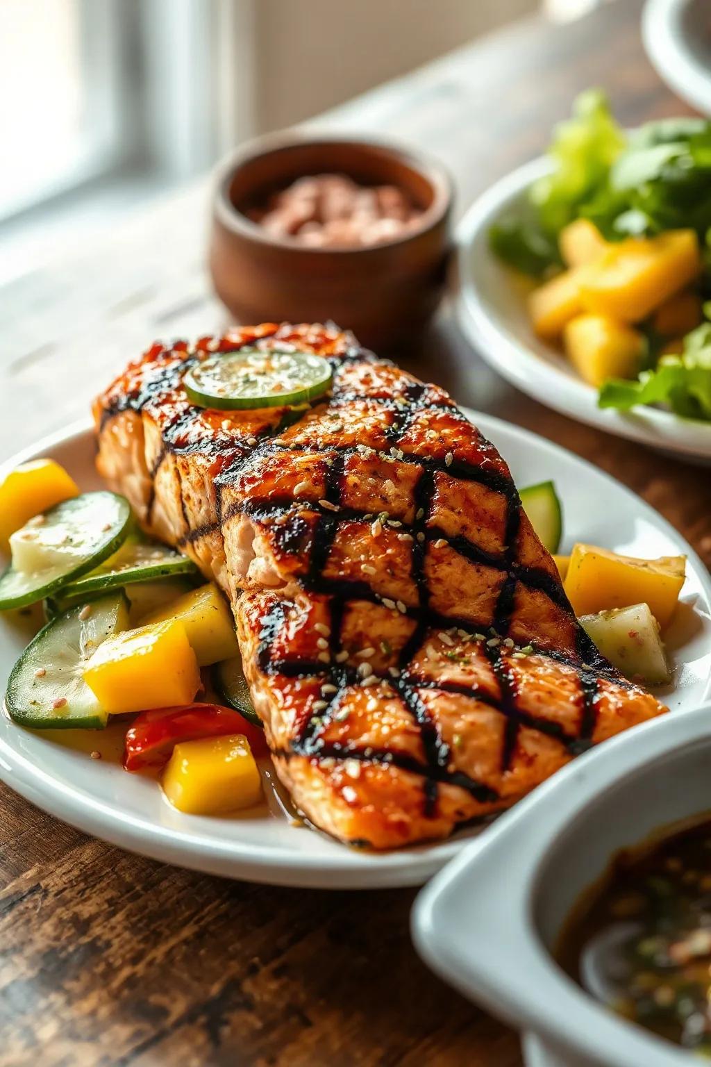 Salmón a la Parrilla al Estilo Tailandés con Ensalada de Mango y Pepino