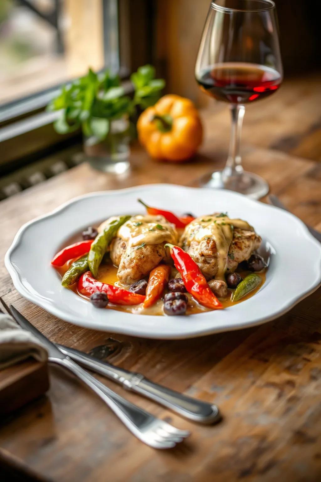 Poulet à la moutarde et poivrons tricolores