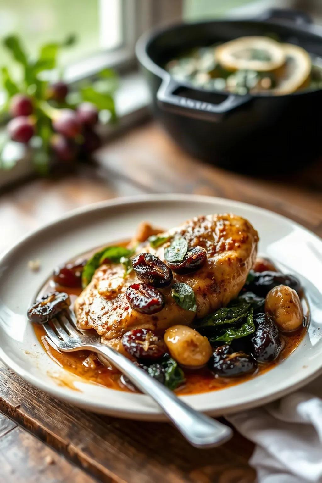 Pollo Cocido a Fuego Lento con Ciruelas y Espinacas