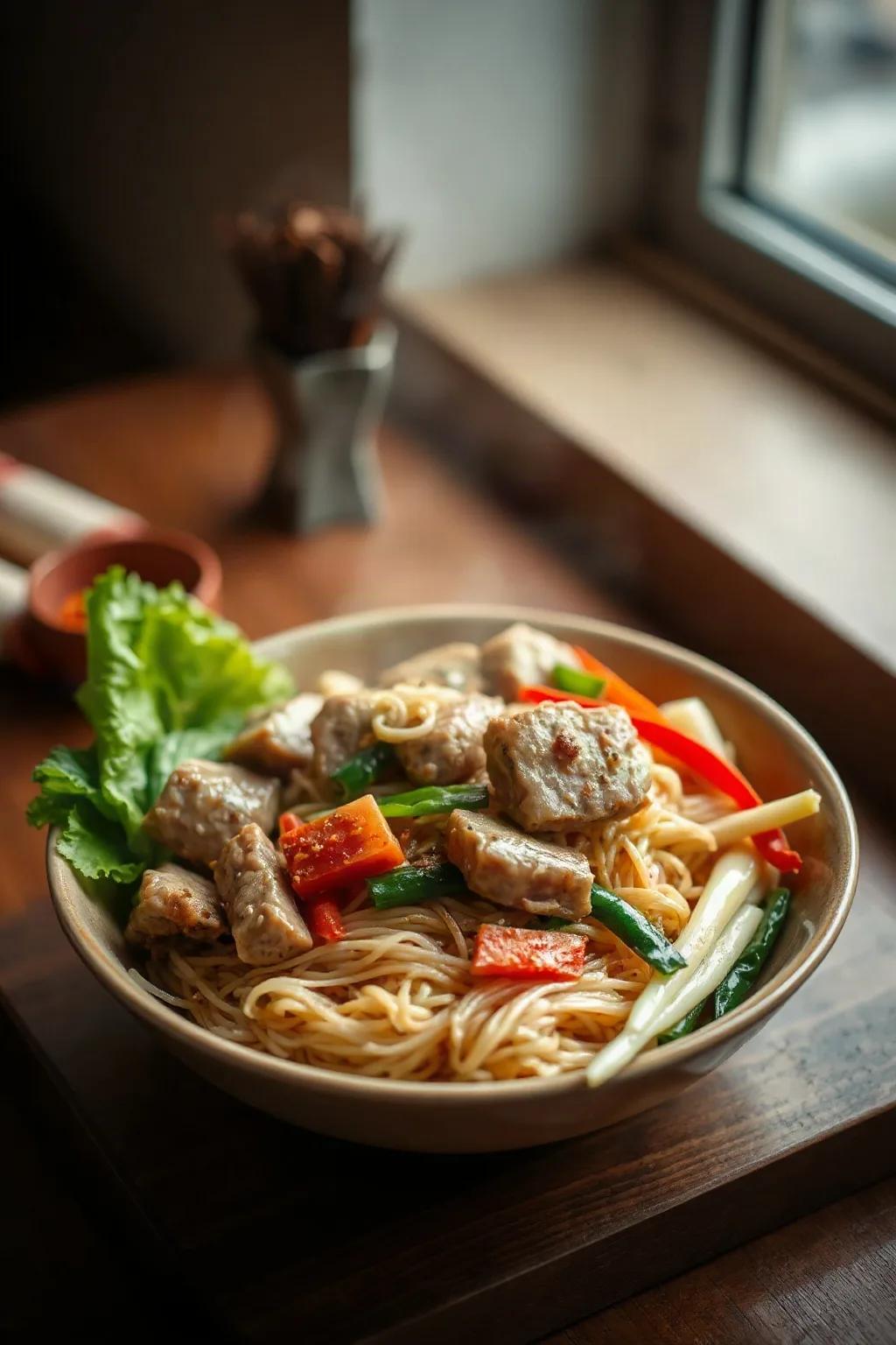 Nouilles de riz au porc et aux légumes