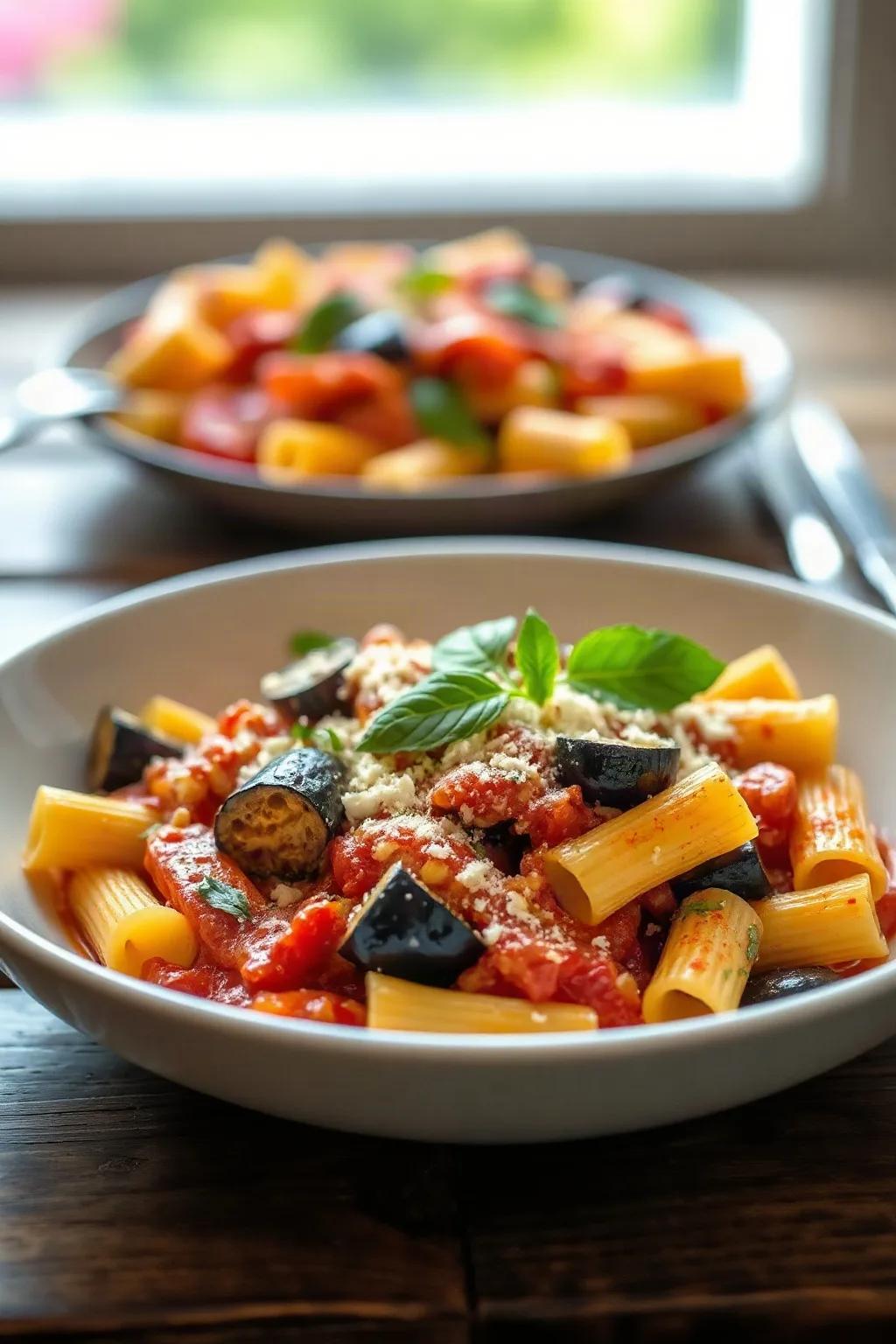 Rigatoni a la Norma con Berenjena