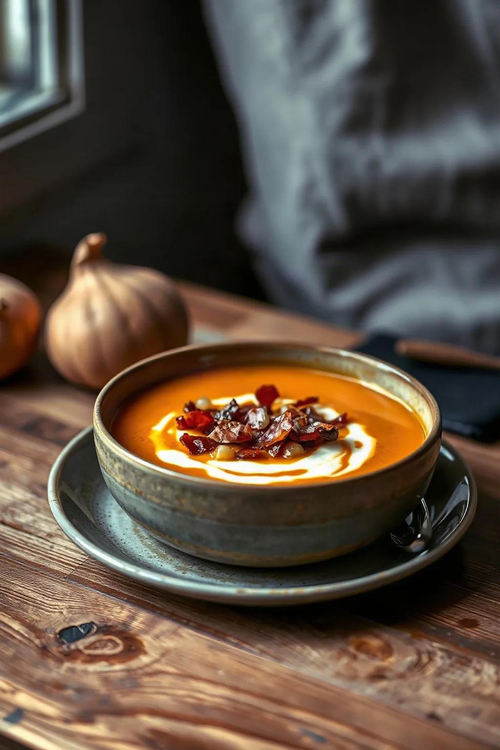 Sopa de Camote con Cebolla Asada y Panceta