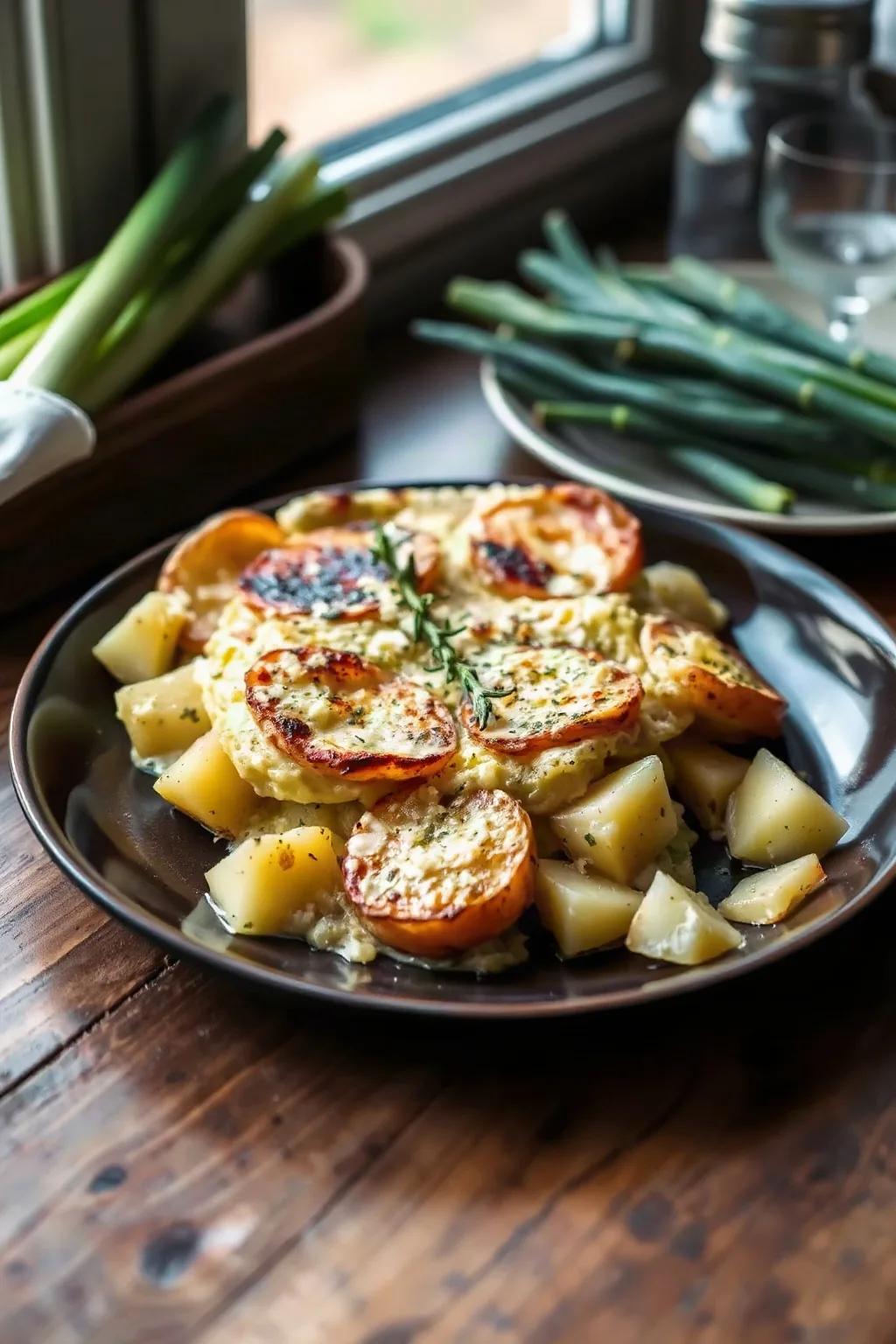 Gratin de pommes de terre aux poireaux et au thym
