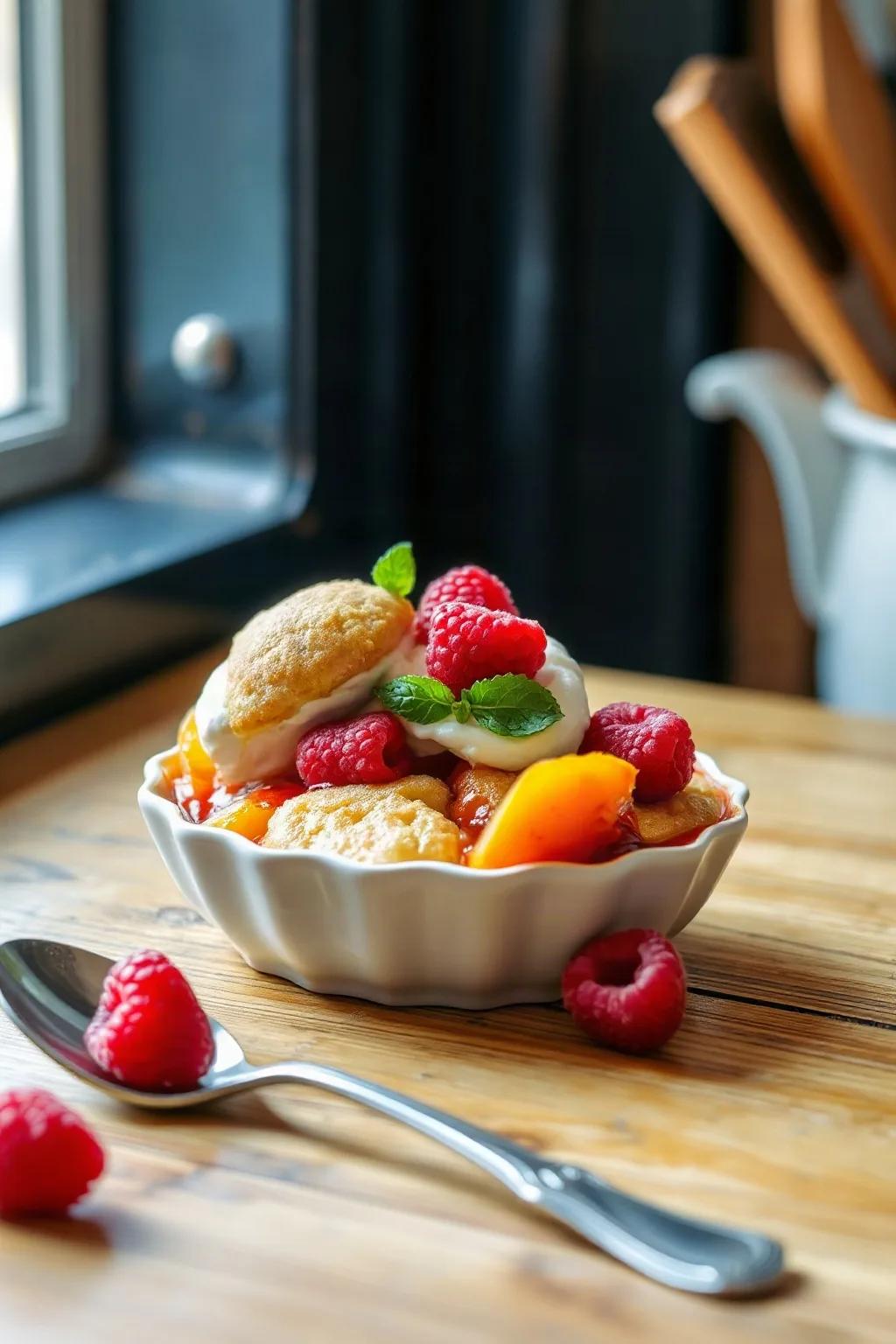 Peach Raspberry and Ginger Cobbler