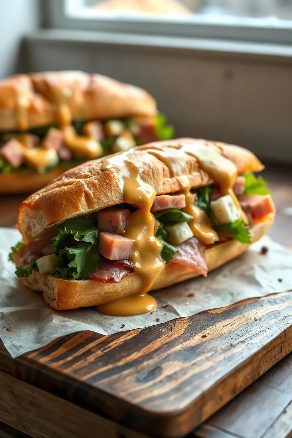 Ham Salad Antipasto Submarine with Mustard Sauce