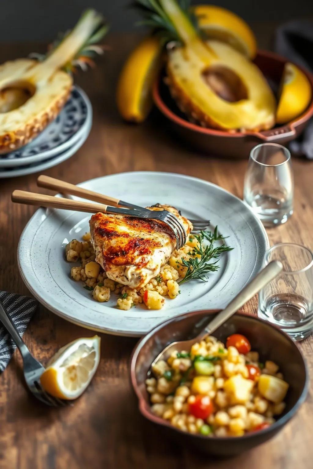 Roast Pineapple Chicken with Lemon Israeli Couscous