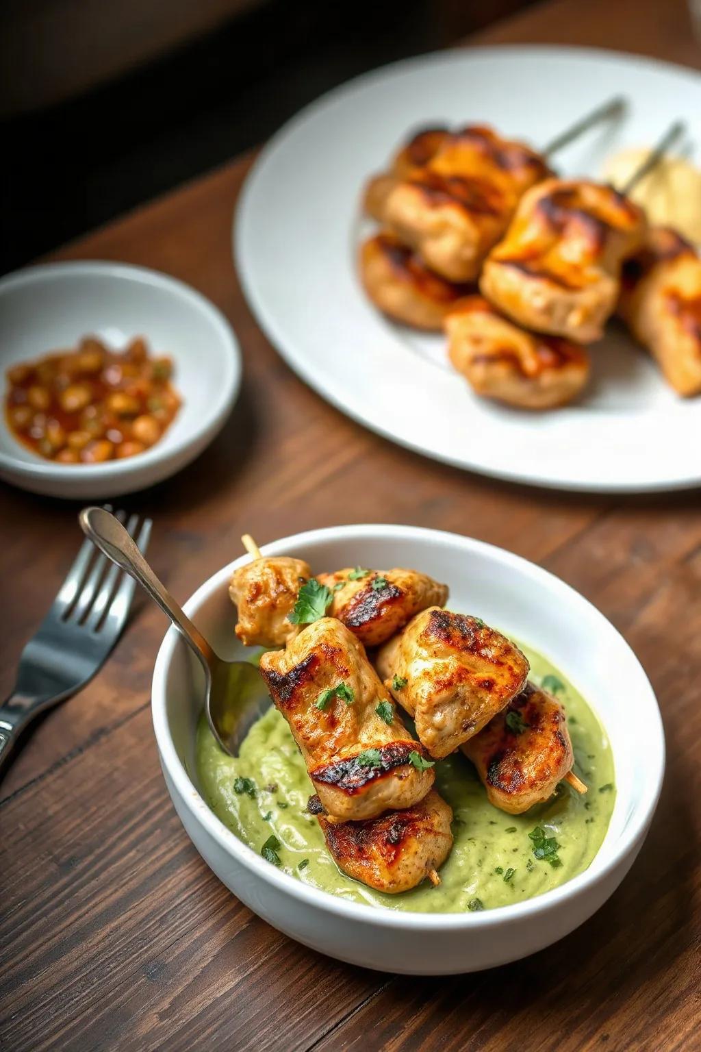 Brochetas de Pollo Especiadas con Puré de Aguacate