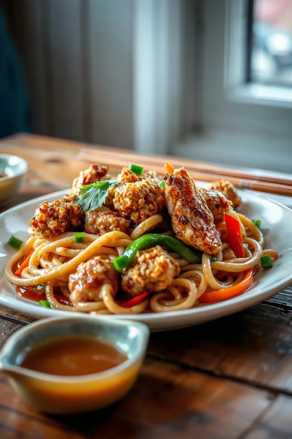Poulet pané, nouilles de légumes et vinaigrette tao