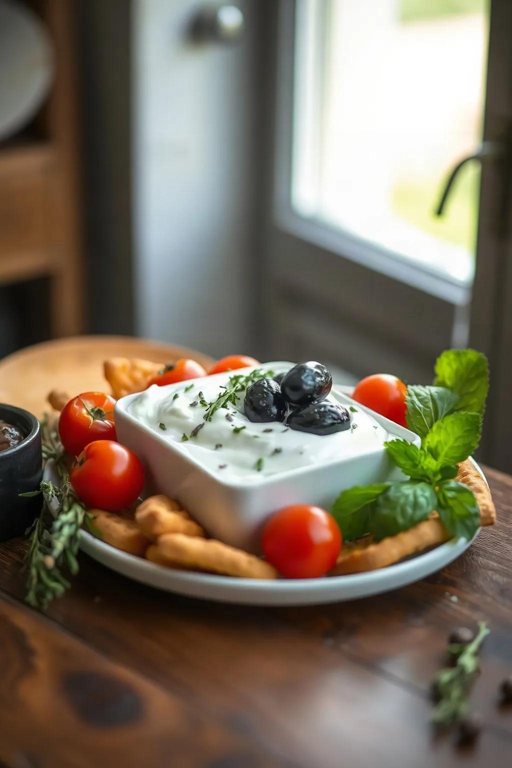 Greek Yogurt Dip with Herbs, Olives, and Cherry Tomatoes