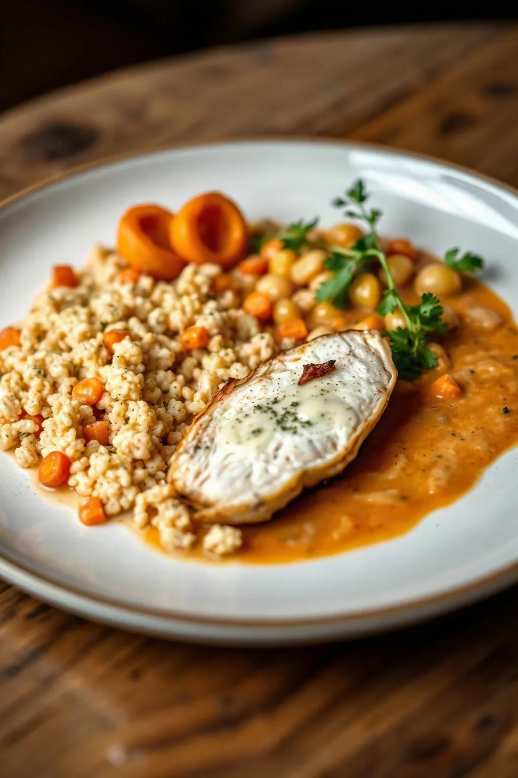 Escalopes de Pollo con Couscous Israelí Cremoso y Jugo de Zanahoria