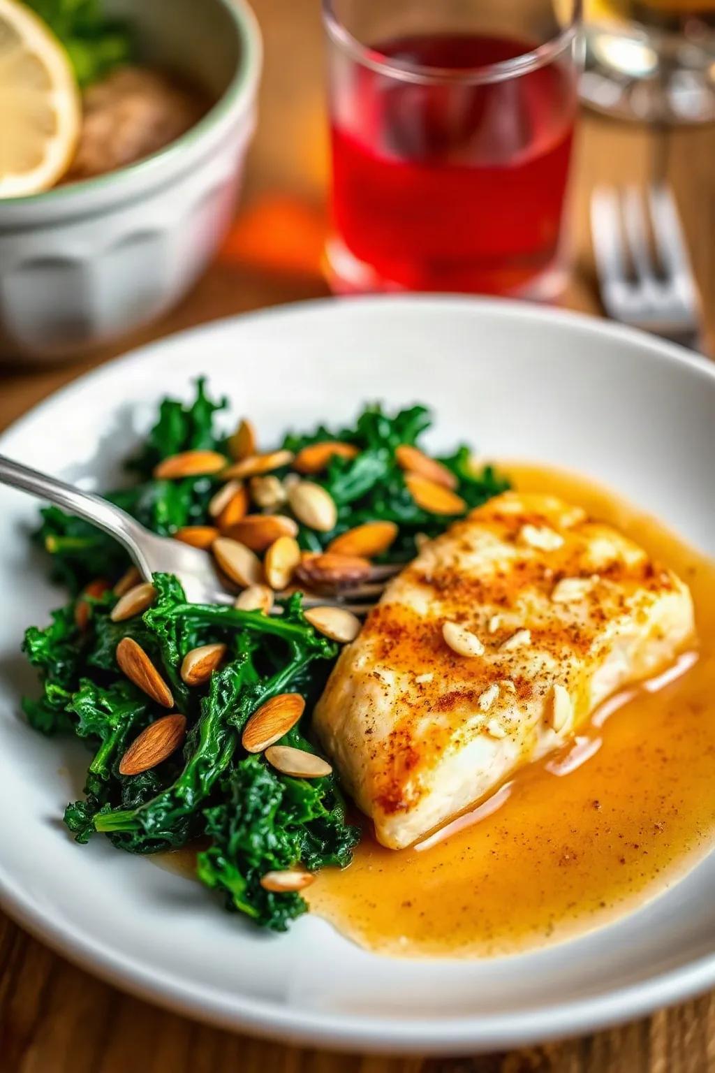 Pan-Seared Cod with Kale and Almonds