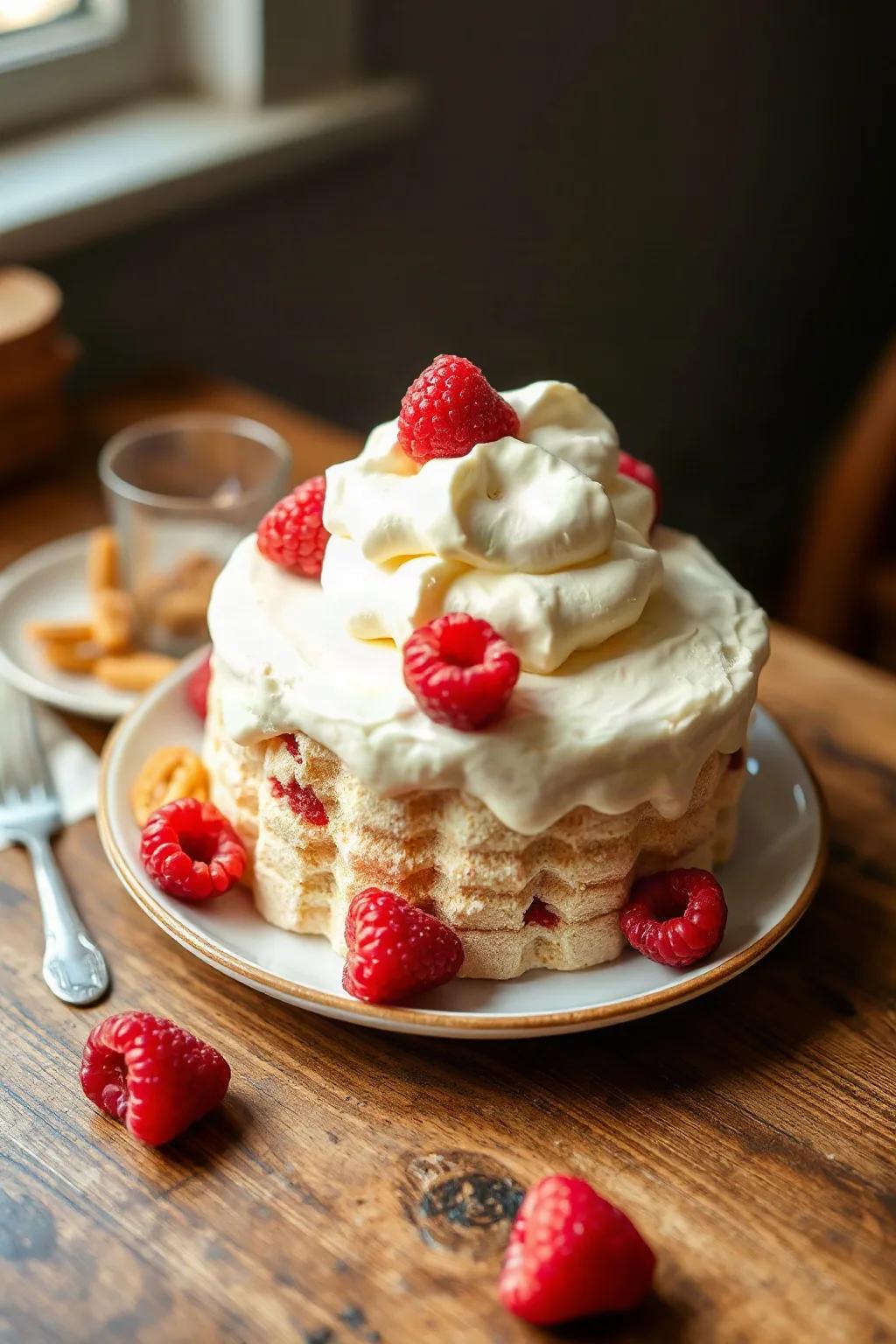 Angel Food Cake with Raspberries and Cream Cheese Whipped Cream
