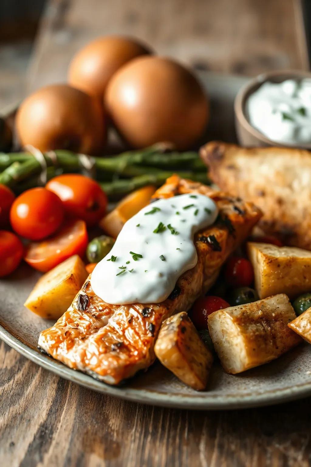 Salmón al Horno con Verduras y Yogur de Estragón