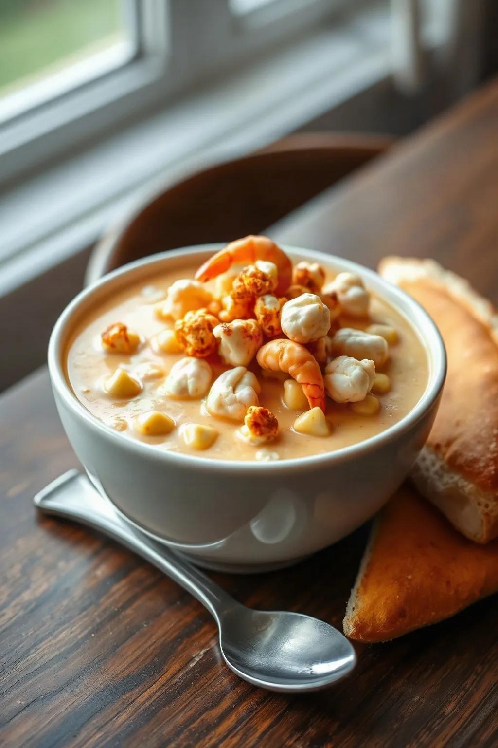 Creamy Corn and Shrimp Soup with Smoked Paprika Popcorn