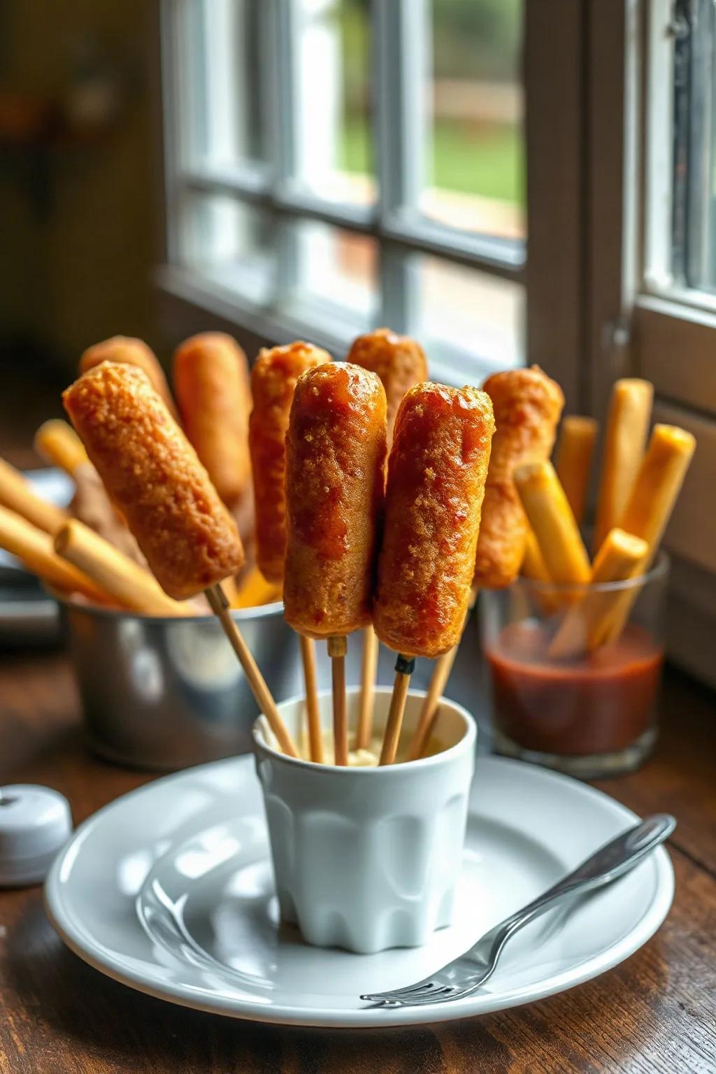 Fried Smoked Paprika Hot Dogs on a Stick