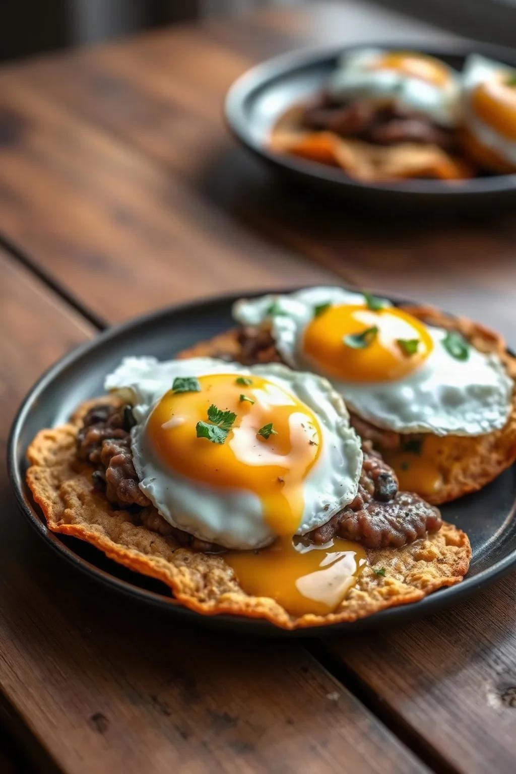 Tostadas de Huevo Frito con Puré de Frijoles Negros