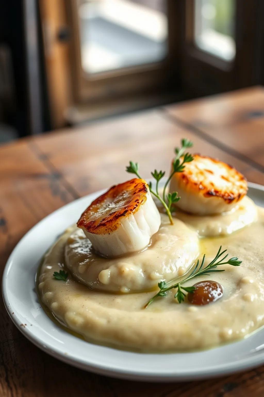 Pétoncles poêlés sur purée de céleri rave