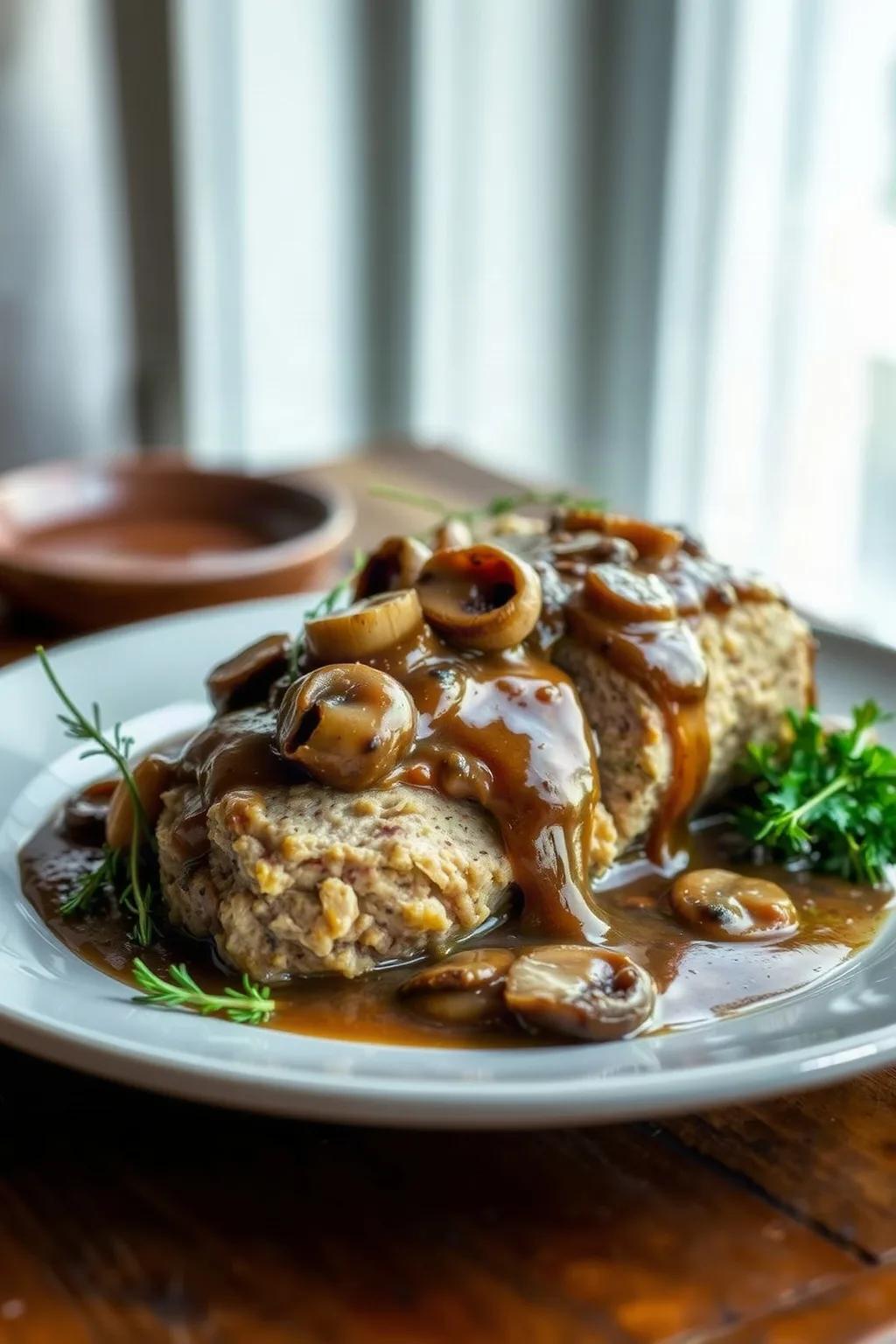 Pastel de Carne Blanco con Salsa de Champiñones