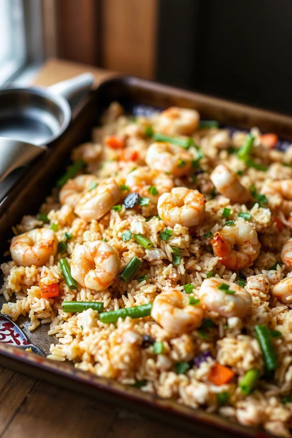 Riz frit aux crevettes sur une plaque
