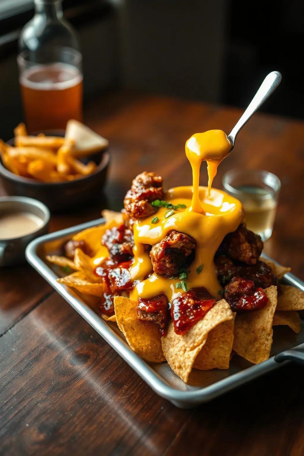 Nachos de Pollo Barbacoa con Fondue de Queso