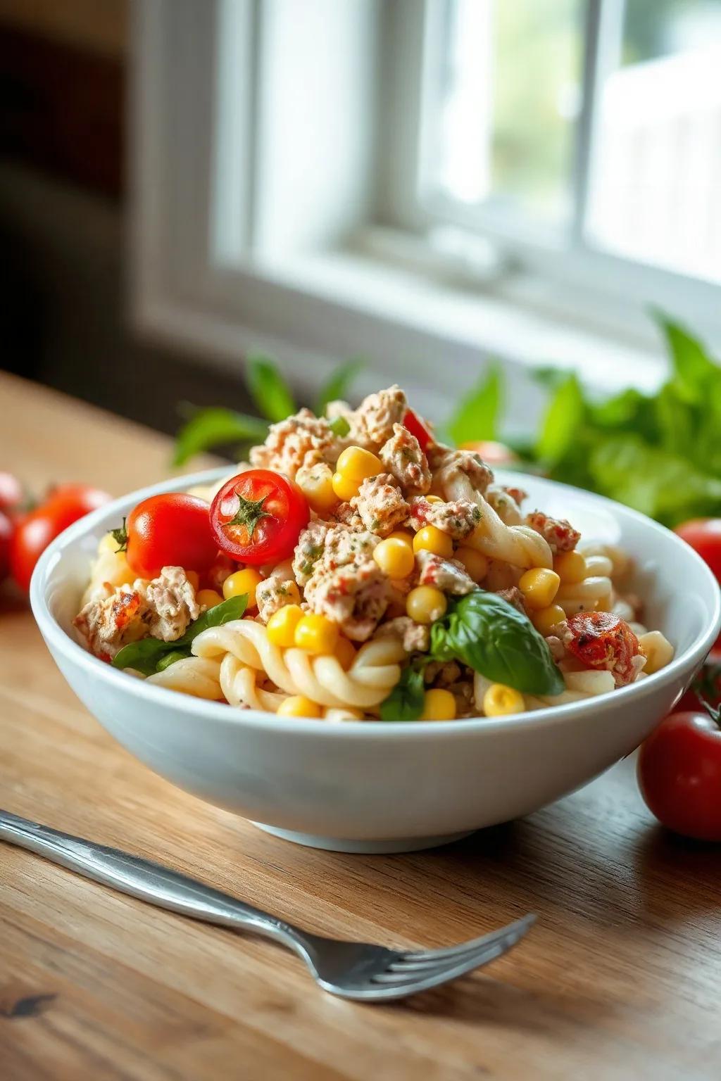 Ensalada de Pasta con Atún, Maíz y Tomates Cherry
