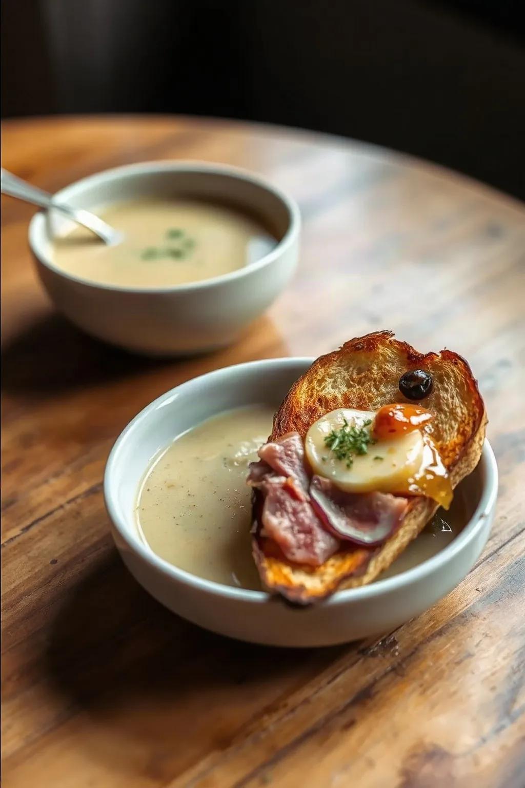 Leek Soup with Cheddar and Duck Confit Toast