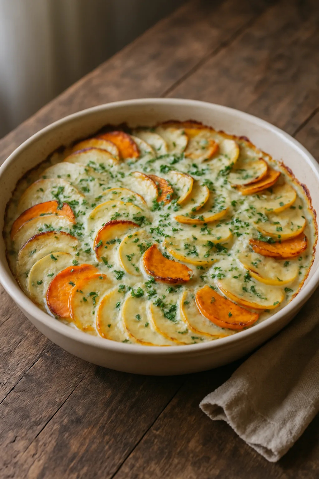 Root Vegetable Gratin with Creamy Herb Sauce